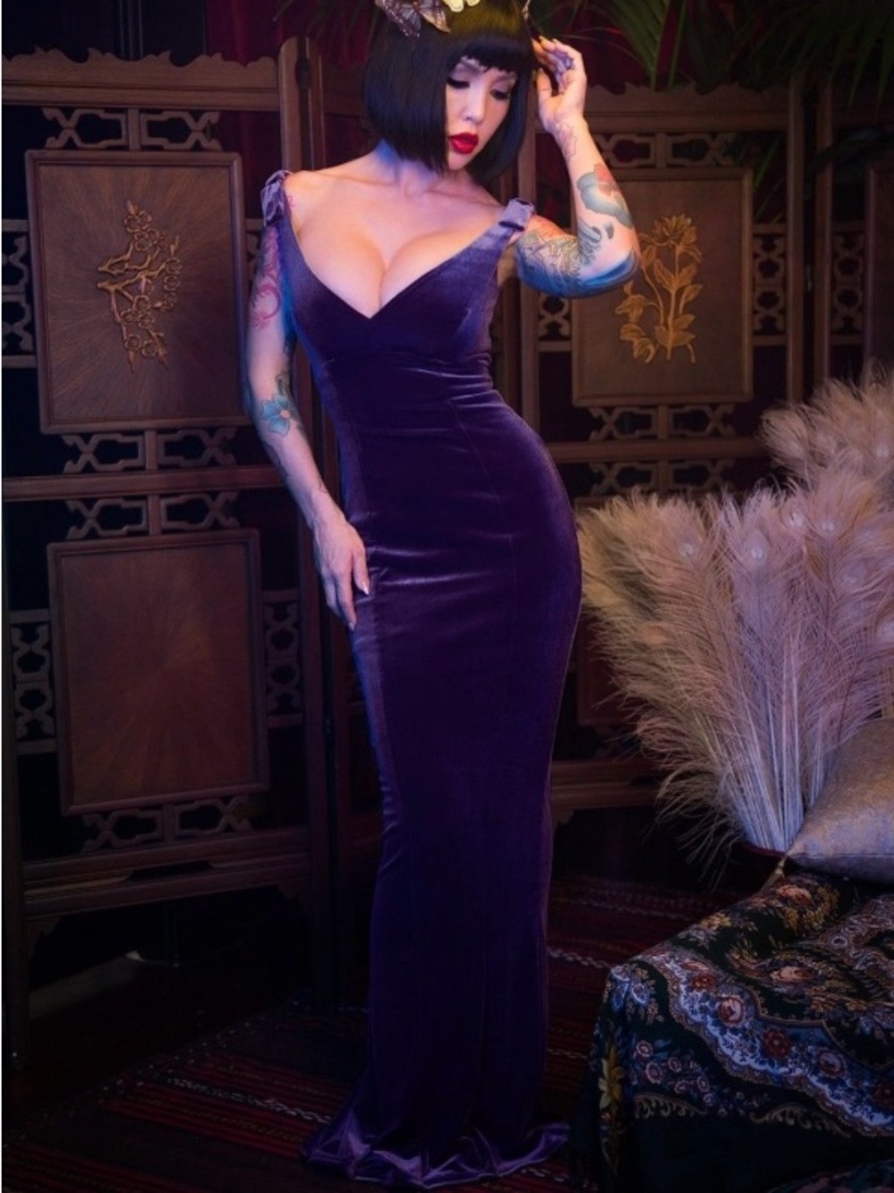 Laura Byrnes by Pinup Girl Clothing: 2015 Purple Velvet Gilda Gown w/ Mini Cape
